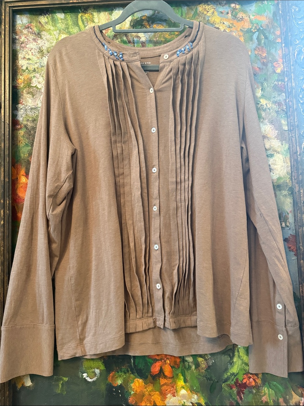 Lands' End Hand Embroidered Brown Pintuck Button-Front Shirt